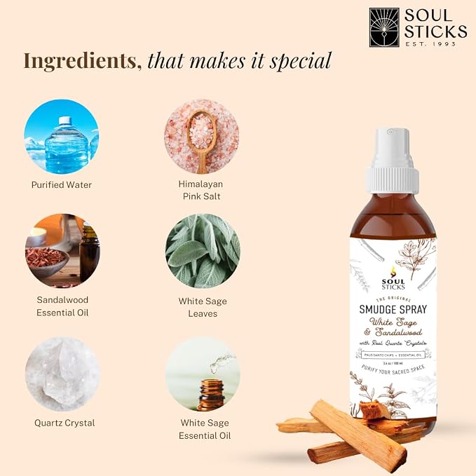SOUL STICKS White Sage & Sandalwood Smudge Spray For Cleansing and Negative Energy | 3.5oz White Sage Smudge Spray with Real Quartz Crystals | Car Fragrance Sage Room Spray for Spiritual Cleansing