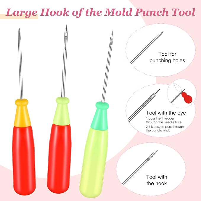 Zeyune 20 Pcs Candle Wick Needle for Silicone Molds, Mold Punch Needle with Hook & Eye, Candle Inserting Tool, Wick Holders, Thread, Stickers and Tabs