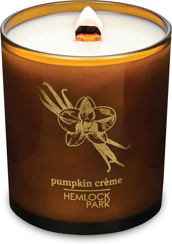 Hemlock Park Amber & Gold Wood Wick Candle Handcrafted with Natural Coconut Wax (Large 14 oz, Pumpkin Crème)