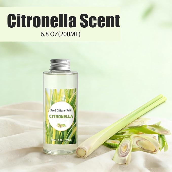 STRN Citronella Reed Diffuser Oil Refill, Lemongrass Scent 200ML(6.8fl.oz) with 6 Sticks, Air Freshener Long-Lasting Aromatherapy Reed Diffuser Set for Summer Home, Bedroom, Spa, Bathroom