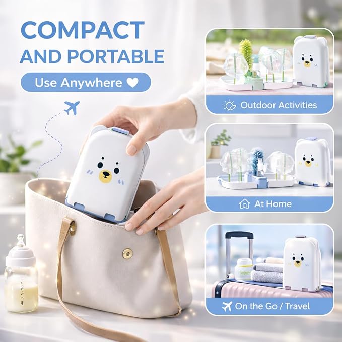 Travel Bottle Cleaner kit, 7in1 Baby Travel Gear Silicone Travel Bottle Brush Set Nipple Drying Rack, Straw Breast Pump Cleaning Soap Dispenser Organizer Case Mon Gift (Blue)