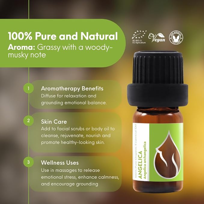 Essences Bulgaria Organic Angelica Essential Oil 1/6 Fl Oz | 5ml | Angelica archangelica | 100% Pure and Natural | Undiluted | Therapeutic Grade | Family Owned Farm | Steam-Distilled | Non-GMO | Vegan