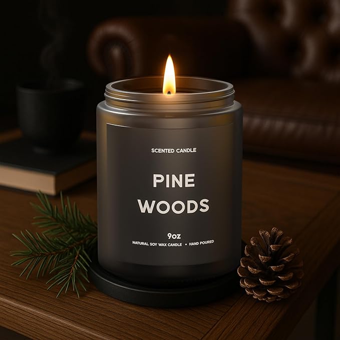 Pine Woods Candle, 9oz Scented Candle for Men, Scented Candles for Home, Gifts for Men, Personalized Blessing Minimalist Men's Gifts