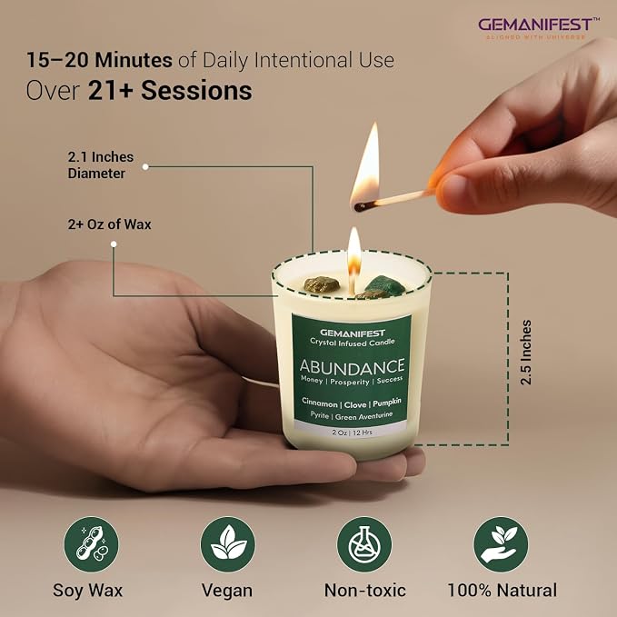 Prosperity Manifestation Abundance Crystal Candle, Real Pyrite and Green Aventurine Pumpkin Spice Soy Candle, Valentine's Gift for Her/Him, Women's Wealth Growth and Success