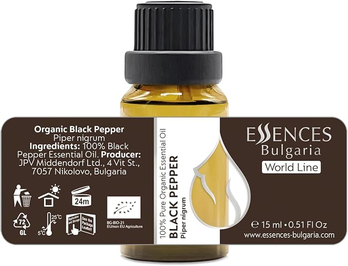 Essences Bulgaria Organic Black Pepper Essential Oil 0.51 Fl Oz | 15ml Piper nigrum - 100% Pure Natural Undiluted Therapeutic Grade for Aromatherapy Humidifier and Relaxing Massage to Ease Joint Ache