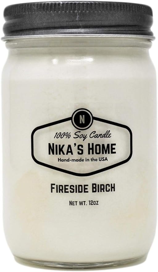 Nika's Home Fireside Birch Soy Candle - 12oz Mason Jar - Non-Toxic - Hand Poured in The USA, Long Burning 50-60 Hours Highly Scented All Natural, Clean Burning