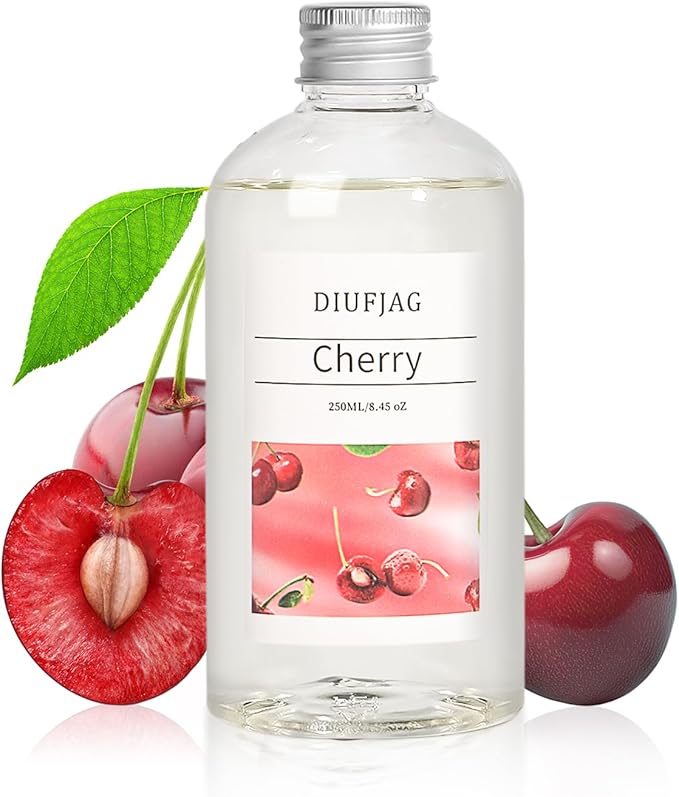 Cherry Diffuser with 10 Fiber Sticks, 6.7 oz Diffusers for Home Essentials Bathroom,Last up to 60 Days（200ml