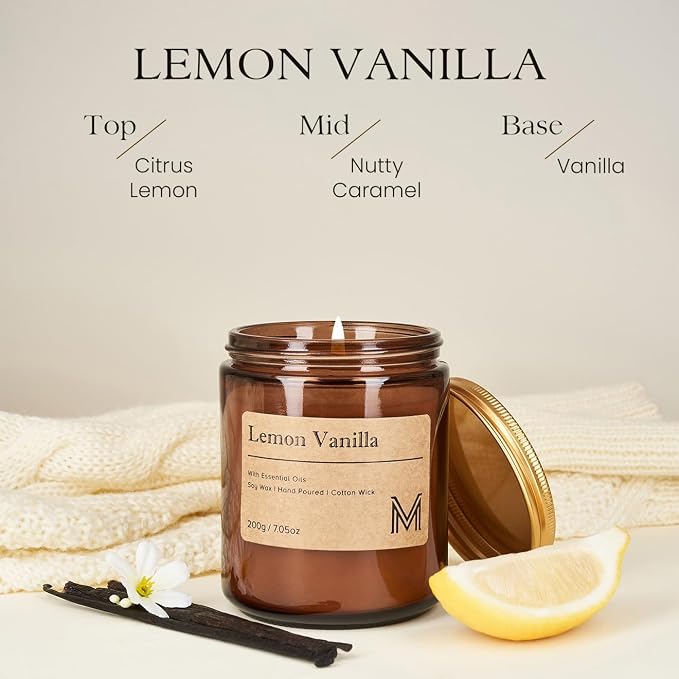 M&SENSE Lemon Vanilla Scented Small Candle, 7.5Oz Aromatherapy Candle for Home Fragrance, Soy Wax Candles Gift for Birthday, Housewarming, Amber Jar Candle for Stress Relief, Meditation, Yoga