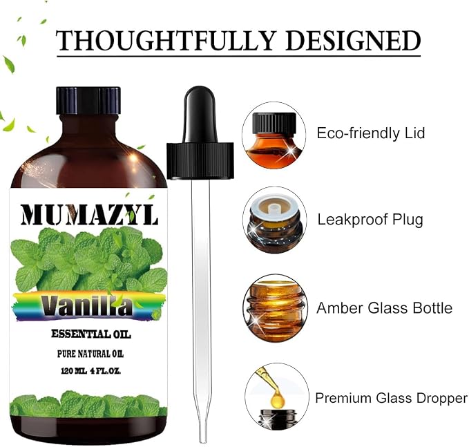 Vanilla Essential Oil, Vanilla Oil 4 Fl Oz 120ML for Diffuser Humidifier Yoga Cleaning DIY Candle Soap Making MUMAZYL Essential Oils