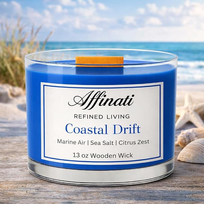 Affinati Coastal Drift Wooden Wick Candle – Luxury Wooden Bowl, 13 oz