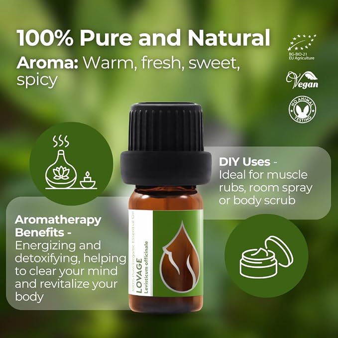 Essences Bulgaria Organic Lovage Essential Oil 1/6 Fl Oz | 5ml | Levisticum officinale | 100% Pure and Natural | Undiluted | Therapeutic Grade | Family Owned Farm | Steam-Distilled | Non-GMO | Vegan