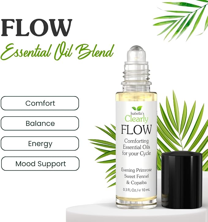 Flow Essential Oil Roll On for Women | Natural Aromatherapy Rollerball for PMS Support, Balance, Mood, and Comfort with Evening Primrose, Clary Sage, Copaiba, Fennel