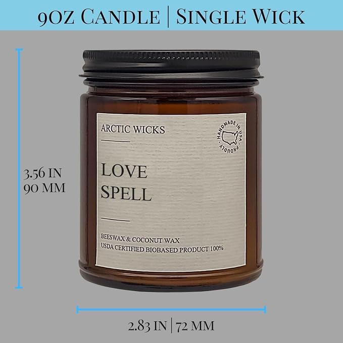 Arctic Wicks Scented Coconut Beeswax Candles | Coconut Beeswax Non Toxic Candle 9oz Amber | Farmhouse Candles Non-Toxic Clean Burn 100% USDA Certified Biobased (Love Spell)
