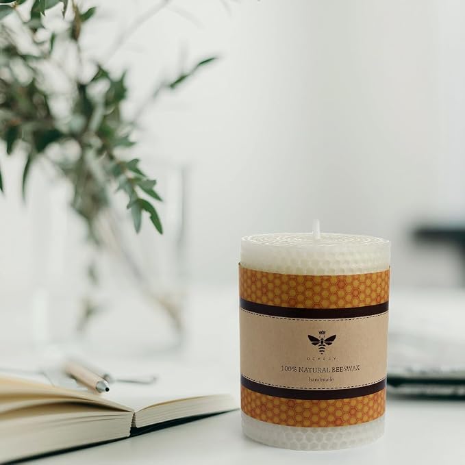 DEYBBY Natural White 3×4 in Beeswax Pillar Candle - Handmade Pure Organic Beeswax Honeycomb Rolled Candle for Home Study Decor Housewarming Gift
