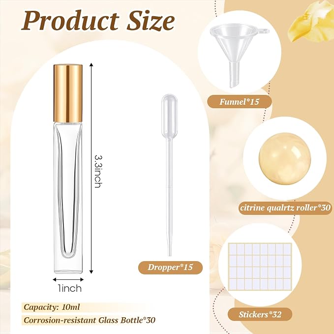 Domensi 30 Pack 10ml/0.34oz Citrine Crystal Roller Bottles for Essential Oils, Refillable Leak-proof Travel Perfume Roll on Bottles for DIY Aromatherapy, Skincare & Samples
