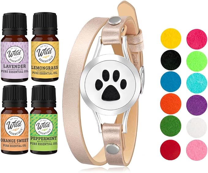 Wild Essentials Dog Paw Essential Oil Leather Wrap Bracelet Diffuser Kit, Gift Set, Lavender, Lemongrass, Peppermint, Orange Oils, 12 Pads, Customizable Color Changing Perfume Jewelry, Aromatherapy