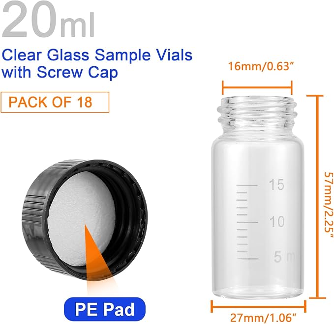 Kesell 18 Pack 20ml Glass Sample Vial Clear Graduated Bottles Empty Reusable Liquid Vials with Plastic Screw Cap and 5 Funnels