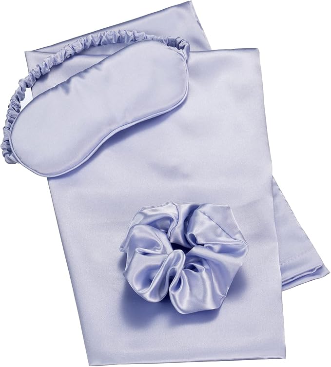 Vegan Silk Sleep Set – Satin Pillowcase, Eye Mask & Large Scrunchie for Hair and Skin – Frizz Free Beauty Sleep & Self Care Night Routine – Purple