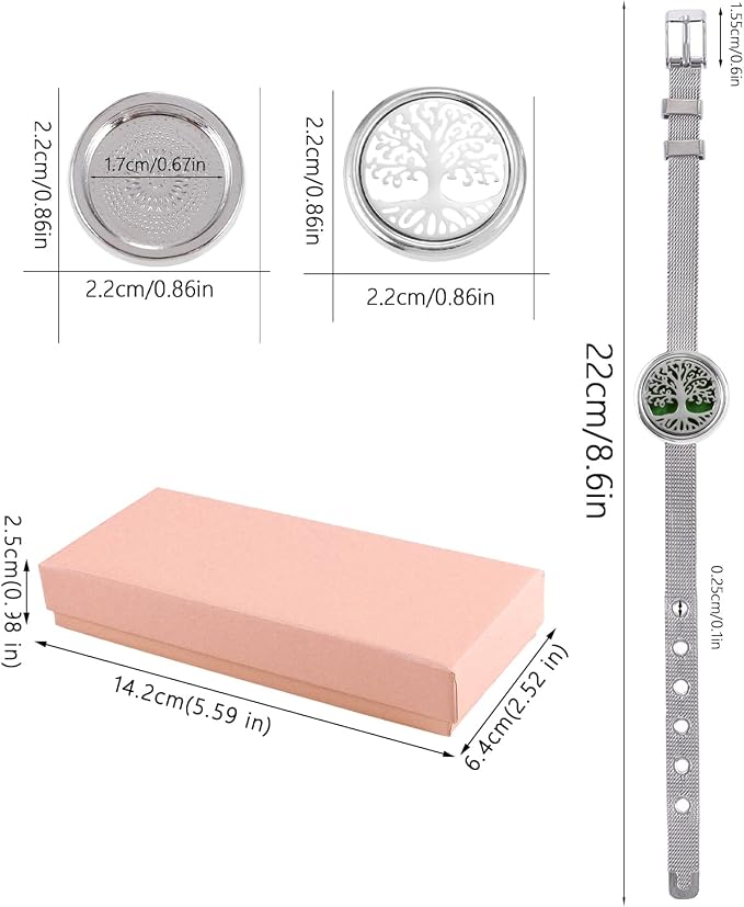 Essential Oil Diffuser Bracelet with Gift Box Aromatherapy Locket Adjustable Stainless Steel Tree of Life Watch Chain Bracelet with 10 Pcs Refill Pads for Women