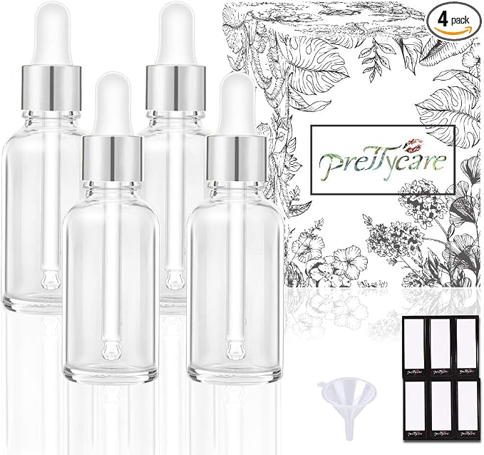 PrettyCare 2 oz Dropper Bottles, 4 Pack Frosted Glass Bottles 60ml with Golden Caps, 12 Labels, Funnel & Measured Pipettes-Empty Tincture for Essential Oils & Skincare