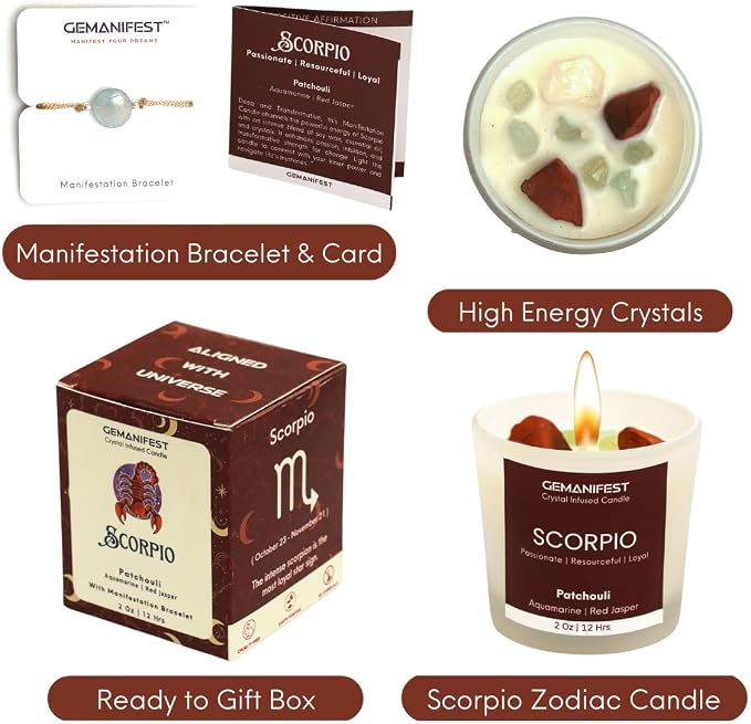 Scorpio Zodiac Candle Scorpio Birthday Gifts for Men Women Patchouli Crystal Candle with Healing Crystals and Manifestation Bracelet Soy Candles for Home Scented