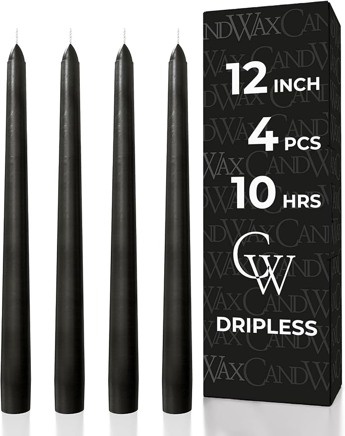 CANDWAX Black 12 inch Taper Candles Pack of 4 - Unscented Smokeless Dripless Tall Candle Sticks - Perfect for Home Decor, Special Occasions - Black Taper Candles (Packaging May Vary)