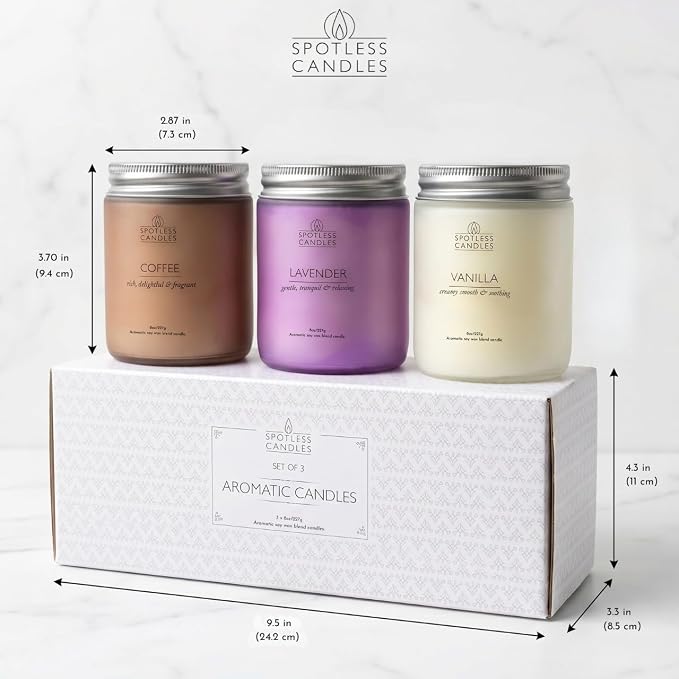 Aromatic Candles Three Pack - 3 x 8 oz Cotton Wick Candles Coloured Fosted Jars - Vanilla, Lavender and Coffee, Classic Candle Set for Men and Women by Spotless Leopard