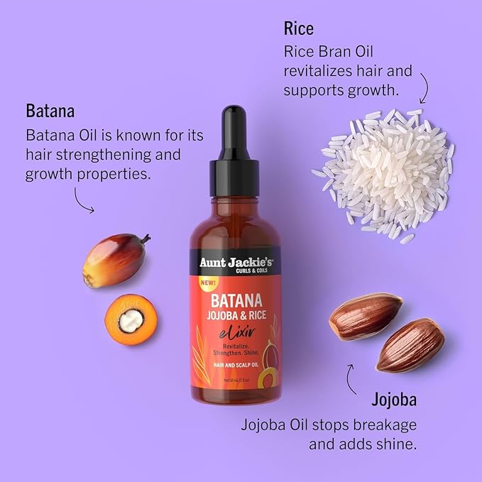 Aunt Jackie's Curls & Coils Batana, Jojoba & Rice Elixir Hair and Scalp Oil, 2 fl oz - Revitalize, Strengthen and Shine