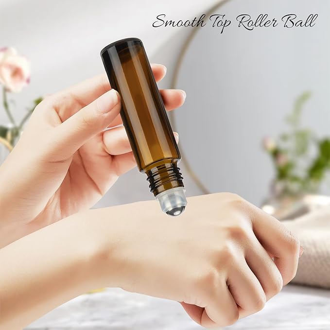 10ML Essential Oil Roller Bottles, 4 Pack Brown and Blue Oil Roller Bottles for Essential Oils, Roll on Bottle with Stainless Steel Balls(4 Labels, Opener, Funnel, Dropper Included)