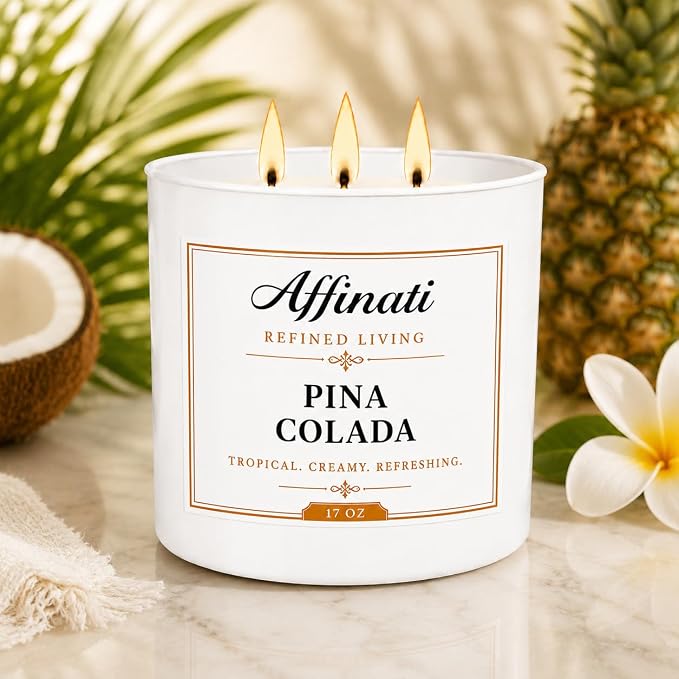 Affinati Pina Colada 3-Wick Scented Candle – Large Soy Blend Candle, Strong Scent Throw Sweet Pineapple Coconut Paradise Tropical Vibe Candle, Premium Luxury Gift
