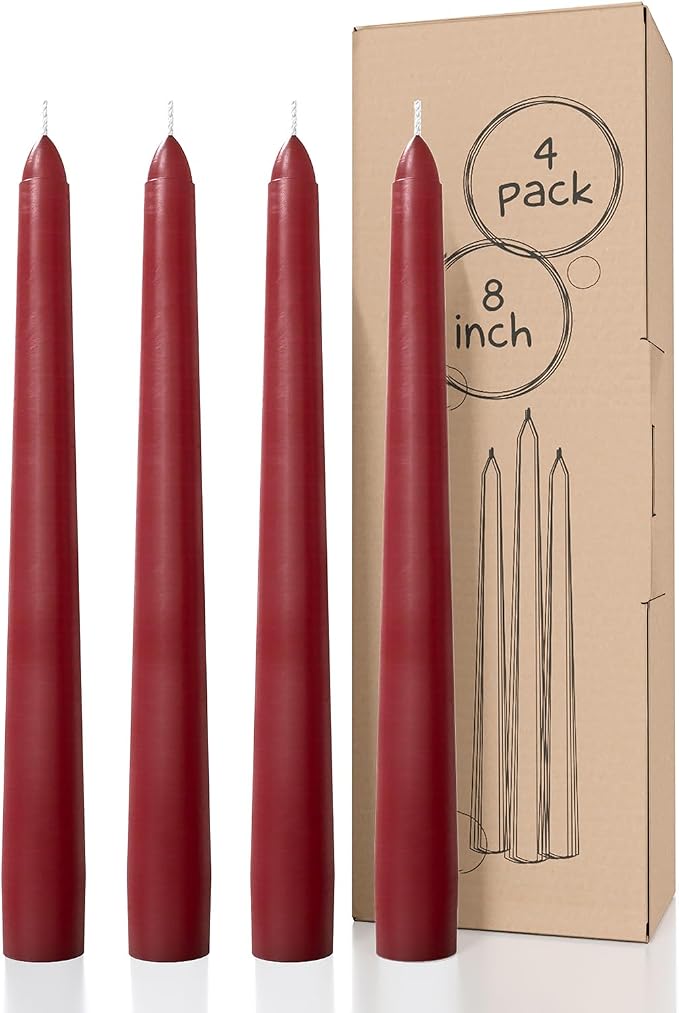 CANDWAX Bordeaux 8 inch Taper Candles Set of 4 - Unscented Smokeless Dripless Tall Candlesticks - Ideal for Party, Wedding or as a Romantic Dinner Table Centerpiece - Tapered Candle Sticks