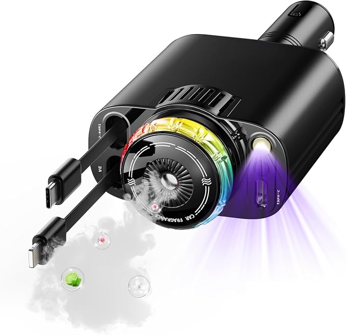 Aromatherapy 5 in 1 Retractable Car Charger with Starlight, USB C Car Charger Adapter and 2 USB Ports, Aroma Starry Sky Car Air Freshener Diffuser Fast Charging Compatible with iPhone 16 15 14 13 12