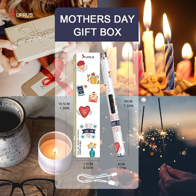 SUPRUS Candle Arc USB Type C Lighter Electric Lighter with Upgraded LED Battery Display Safety Switch Rechargeable Flameless Plasma Windproof Portable for Mother‘s Day (White)