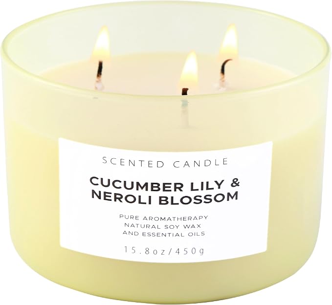 Cucumber Lily & Neroli 3-Wick Soy Floral Scented Candle for Women, 15.8oz | Orange Blossom & Citrus Notes, Aromatherapy, Large Jar, Clean Burn, Home, Bath & Bedroom, Gift for Her, Housewarming