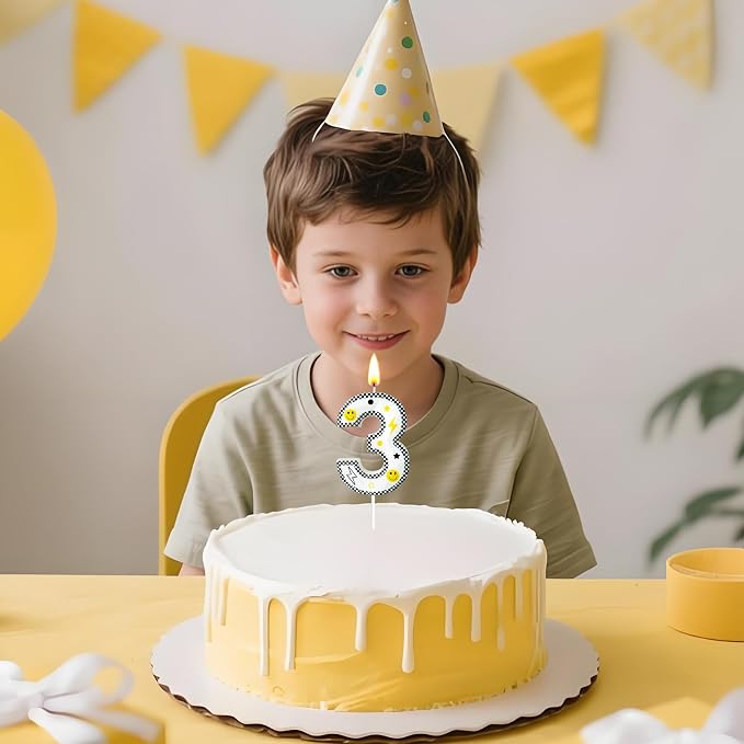 Number 3 Birthday Candle for Cake – 2.7 Inch Large Size Black White Checkered Smiley Design with Lightning & Star – therr Happy Dude Theme Cake Topper Decoration
