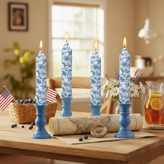 7 Inch Blue and White Taper Candles Short Chunky Candle Sticks Handmade Unscented Smokeless Chinoiserie Floral Thick Candles for Nautical Ceremony Dining Table Everyday Meals Family Dinner Elegance