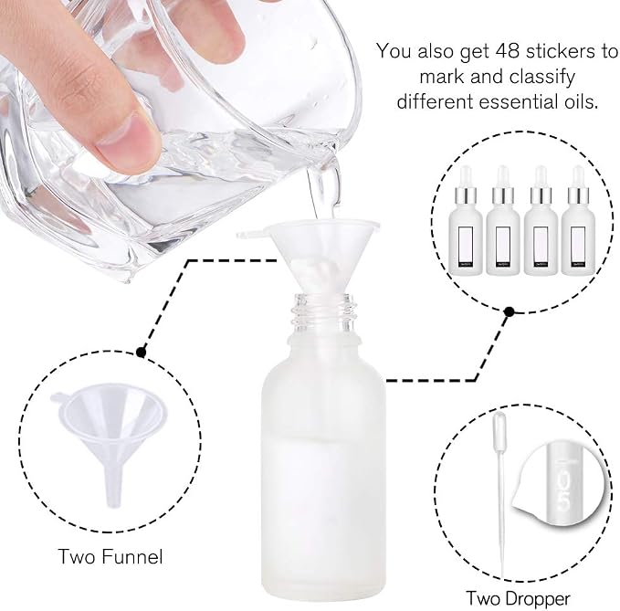 PrettyCare 4 Pack 1oz Dropper Bottle for Essential Oils, 30 ml Frosted Clear Glass Leak Proof Essential Oils Bottles with Labels, Funnels- Empty Tincture Bottles for Personal Care & Beauty