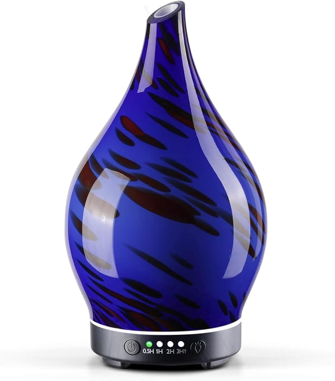 Porseme 150ml Essential Oil Diffuser Hand-Blown Glass Aroma Diffusor, Aromatherapy Unltrasonic Cool Mist deffuser, 7 Color Changing, Waterless Shut-Off, Timer Function for Home Office(Cobalt Blue)