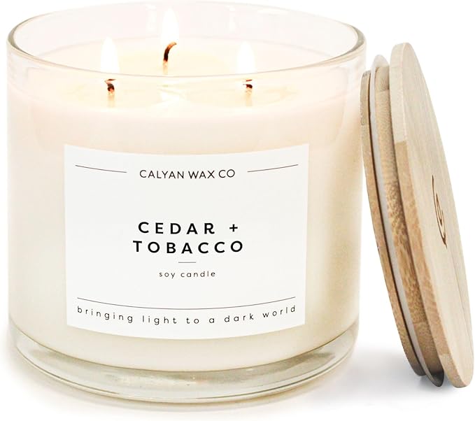 Calyan Wax Co. Cedar & Tobacco 3 Wick Scented Candle - 43 Hour Burn - Luxury 3 Wick Soy Candles - Clean Soy Wax Candles - Long Lasting Large Glass Jar Candle for Home - 14.9oz