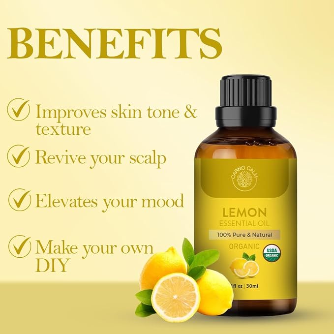 Lemon Essential Oil 30ml | USDA Certified Organic Lemon Oil | Cold Pressed & Undiluted | for Skin and Hair | Ideal for Men and Women | 1 fl. Oz