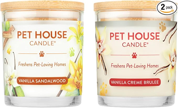 One Fur All Pet House Candle 2 Pack - Plant-Based/Soy - Clean Burning Scented, Long Lasting Pet Odor Candle for Home - Vanilla Sandalwood, Vanilla Creme Brulee