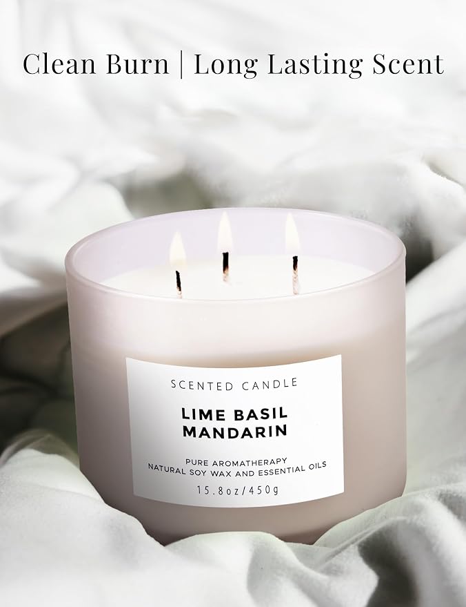 Lime Basil Mandarin 3-Wick Soy Candle | 15.8 oz Large Scented Candle for Home | Clean Burn Long Lasting | Fresh Herbal Citrus Scent | Gift Ready