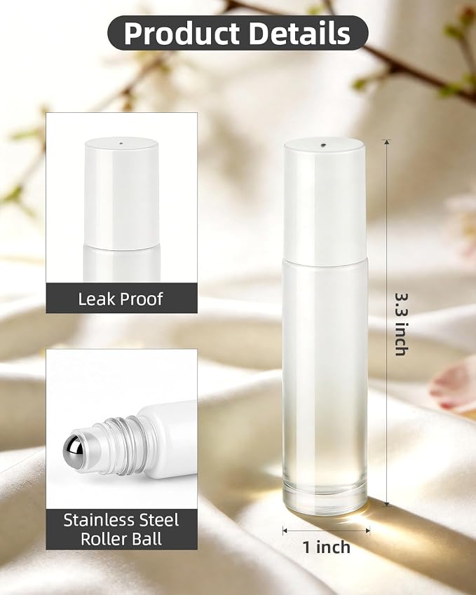 sungwoo 4 Pack Roller Bottles, 10 ml Essential Oil Glass Roller Bottles with Stainless Steel Roller Balls Whtie