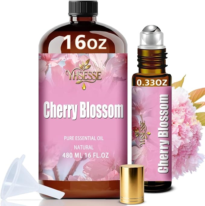 Cherry Blossom Essential Oil, Cherry Blossom Oil 16 Fl Oz 480ml for Diffuser Yoga Soap & Candle Making – with 0.33 Oz Roller Ball & Funnel YHSESSE Essential Oils