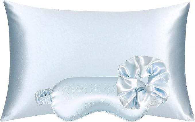 Vegan Silk Sleep Set – Satin Pillowcase, Eye Mask & Large Scrunchie for Hair and Skin – Frizz Free Beauty Sleep & Self Care Night Routine – Light Blue