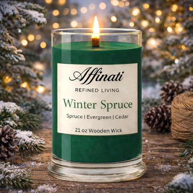 Affinati Winter Spruce Large Scented Candle, 21 oz Wooden Wick Tumbler – Highly Fragrant Long Lasting Premium Christmas Fragrance, Soy Blend