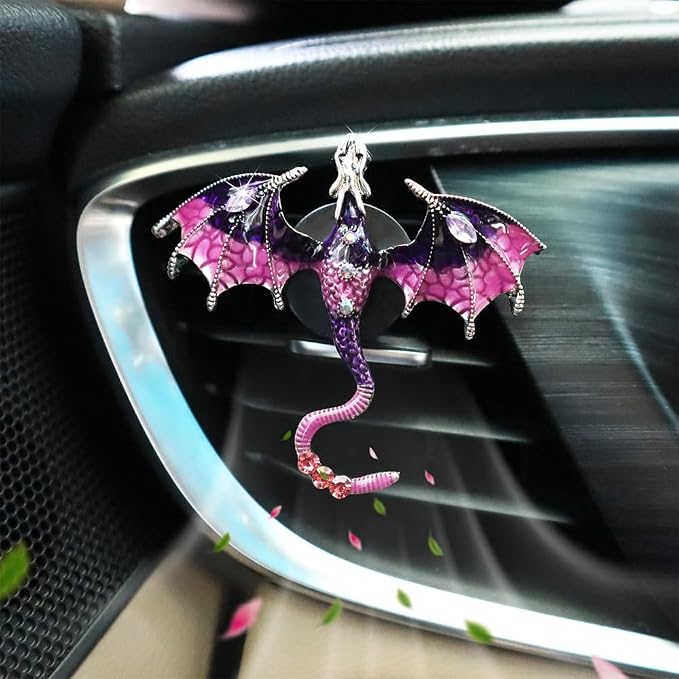 ORIESSE Purple Dragon Car Accessory,1pcs Bling Wyvern Car Air Freshener Vent Clip,Cute Girly Refillable Air Freshener Diffuser,Dazzing Rhinestone Dashboard Decoration for Women
