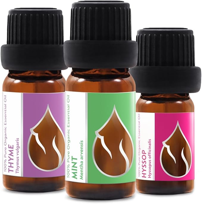 Set Breathe Freely - Organic Essential Oils - Thyme (10ml) + Mint (10ml) + Hyssop (5ml) - 100% Pure and Natural Undiluted Aromatherapy Stress Relief Fresh Herbal Sweet Aromas 3pcs