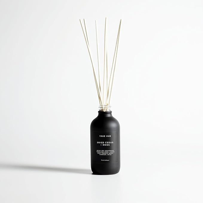 Luxury Reed Diffuser| True Hue | 3.75 fl oz | Glass and Rattan | Lasts for 2-3 Months | Fragrance Diffusers for Home | Handmade in USA (Dried Cedar + Moss)