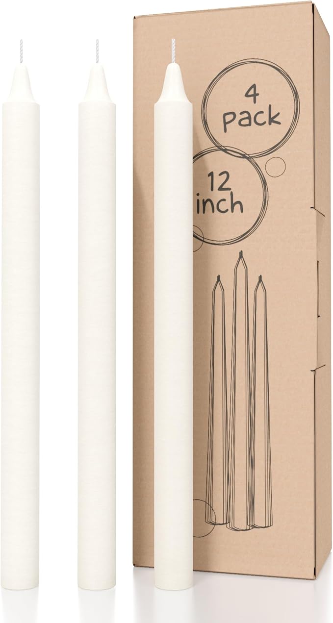 CANDWAX Ivory Taper Candles Pack of 4 - Slow Burning Dripless Unscented Straight Candles 12 inch - Ideal for Dinner Table - Smokeless Long Candlesticks